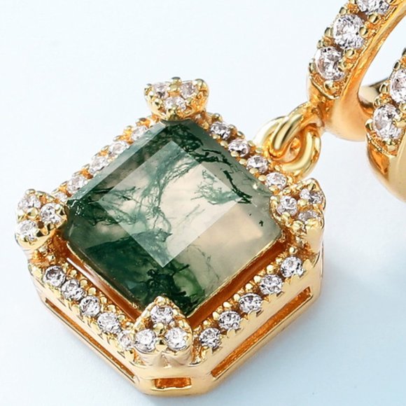 Moss Agate Inlaid Zircon Drop Earrings For Women - Picture 4 of 5